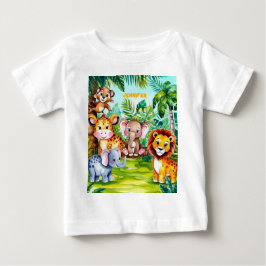 かわいいキッズサファリジャングルの動物パーソナライズされた名 ベビーTシャツ