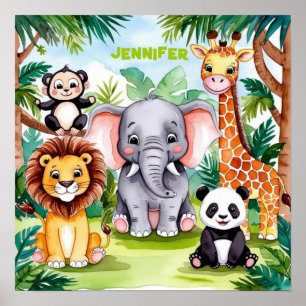 かわいいキッズサファリジャングルの動物パーソナライズされた名 ポスター