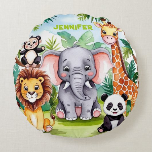 かわいいキッズサファリジャングルの動物パーソナライズされた名 ラウンドクッション (正面)
