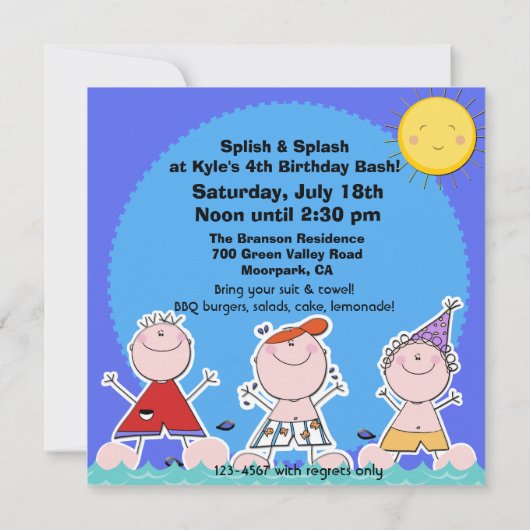 かわいいキッズサマープールパーティースイミング誕生日 招待状 (裏面)