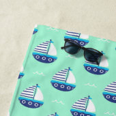 かわいいキッズセーリングボートパターンシーグリーン ビーチタオル (インサイチュ)