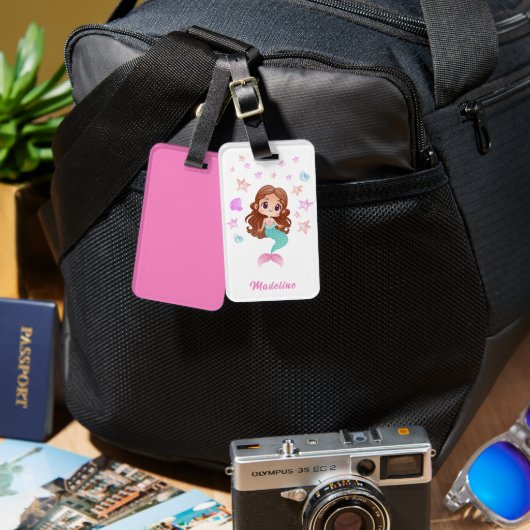 かわいいキッズダークヘアマーメイド名 ラゲッジタグ (正面&裏面)