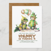 かわいいキッズディオナーズ誕生日グリーン&ブラウン 招待状 (正面/裏面)
