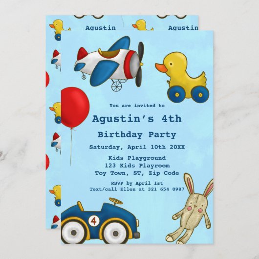 かわいいキッズトイズバースデーパーティー 招待状 (正面/裏面)