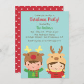 かわいいキッズトナカイ〔雄ジカの〕枝角ハットクリスマスパーティー 招待状 (正面/裏面)