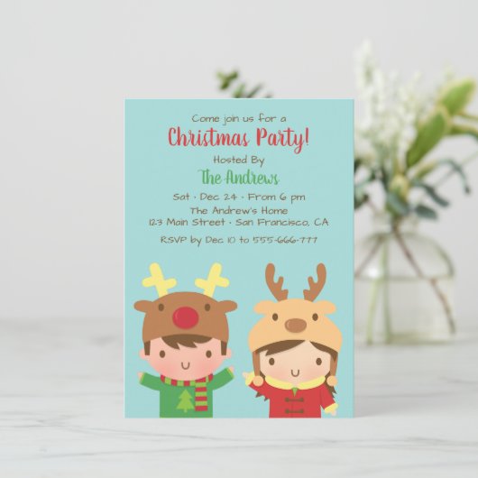 かわいいキッズトナカイ〔雄ジカの〕枝角ハットクリスマスパーティー 招待状 (スタンド正面)