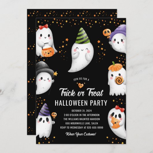 かわいいキッズトリックまたはトリートパーティの招待状 招待状 (正面/裏面)