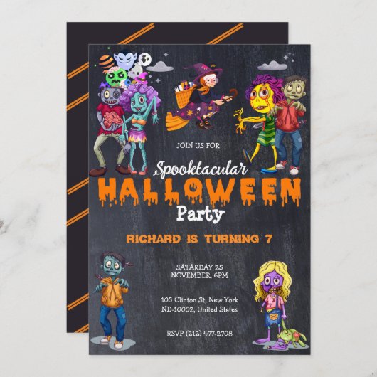 かわいいキッズハロウィン不気味のコスチューム誕生日 招待状 (正面/裏面)