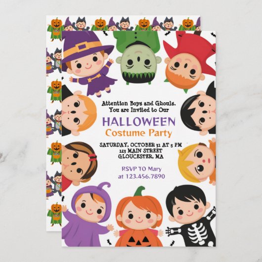 かわいいキッズハロウィーンの衣装パーティの招待状 招待状 (正面/裏面)