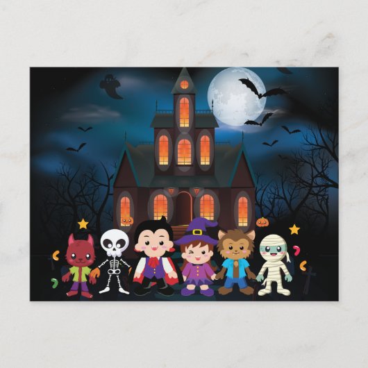 かわいいキッズハロウィーンの衣装パーティー シーズンポストカード (正面)