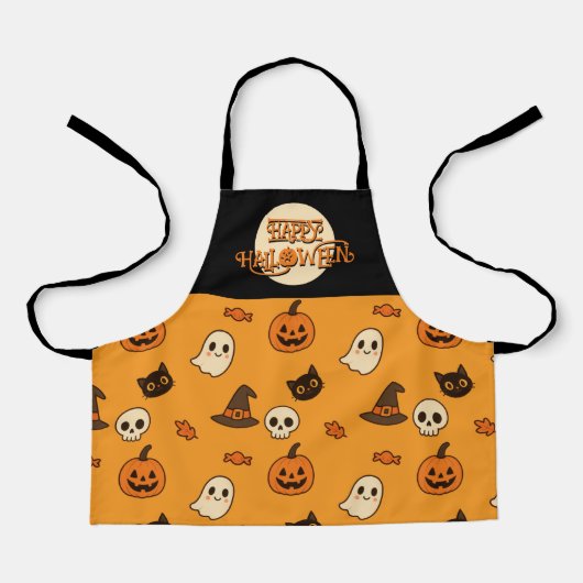 かわいいキッズハロウィーンエプロン – カボチャ、幽霊、猫 エプロン (正面)