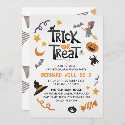 かわいいキッズハロウィーン誕生日パーティーの招待状 招待状 (正面/裏面)