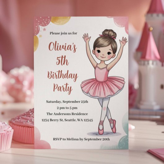 かわいいキッズバレリーナの5歳の誕生日パーティー 招待状