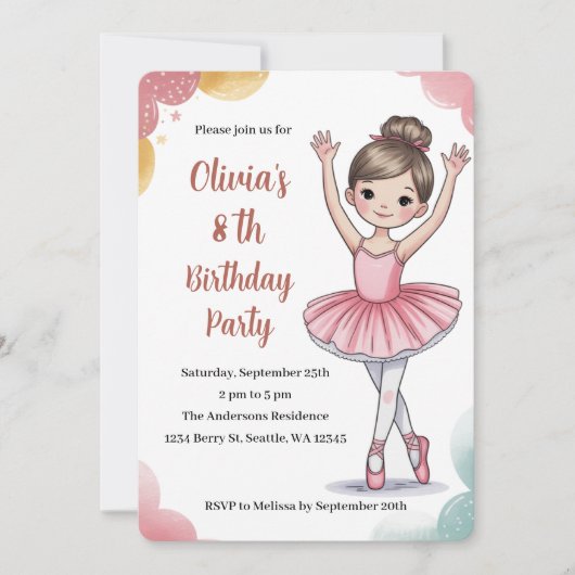 かわいいキッズバレリーナ8thバースデーパーティー 招待状 (正面)