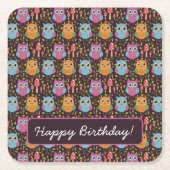 かわいいキッズパープルブルーオレンジフクロウ スクエアペーパーコースター (正面)