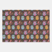 かわいいキッズパープルブルーオレンジフクロウ ラッピングペーパーシート (正面)