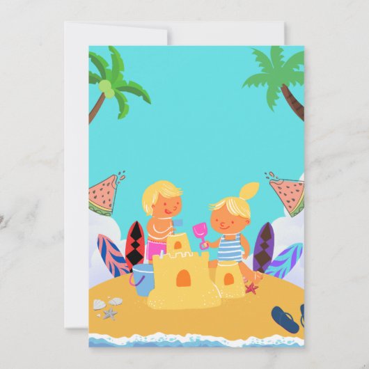 かわいいキッズビーチサマーパーティの招待状 | おもしろい砂 招待状 (裏面)
