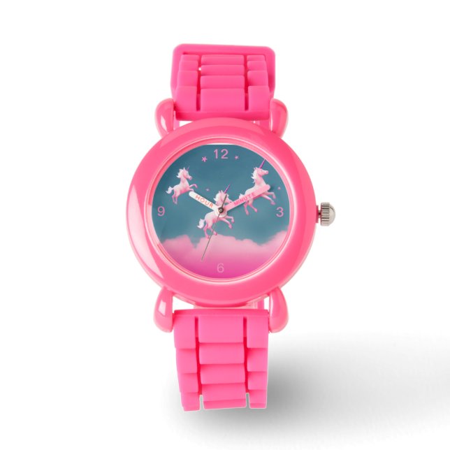 かわいいキッズピンクグリッターストラップユニコーンファミリー飛んでいる 腕時計 (正面)