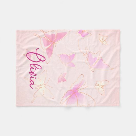 かわいいキッズピンクバタフライブランケパーソナライズされたット フリースブランケット (正面(横))