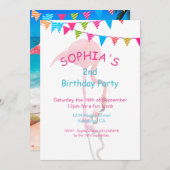 かわいいキッズピンクブルーフラミンゴビーチ誕生日 招待状 (正面/裏面)