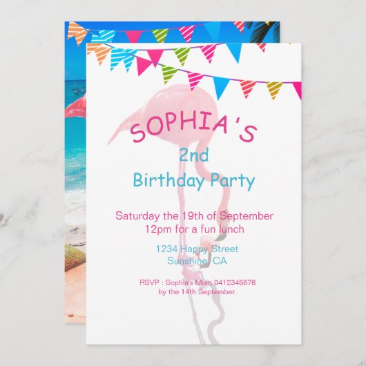 かわいいキッズピンクブルーフラミンゴビーチ誕生日 招待状 (正面/裏面)