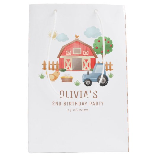 かわいいキッズファーム動物の誕生日パーティー ミディアムペーパーバッグ (正面)