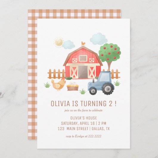かわいいキッズファーム動物の誕生日パーティー 招待状 (正面/裏面)