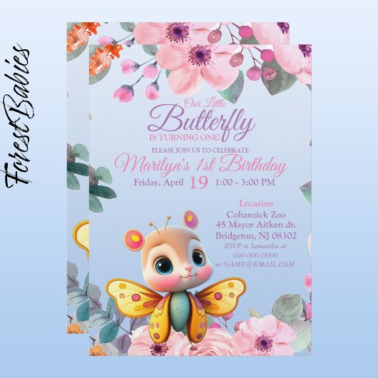 かわいいキッズフローラ蝶のためのベビーガール誕生日 招待状