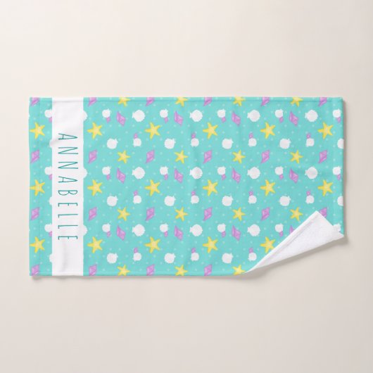 かわいいキッズブルーピンクマーメイドプリンセスシーシェル バスタオルセット (ハンドタオル)