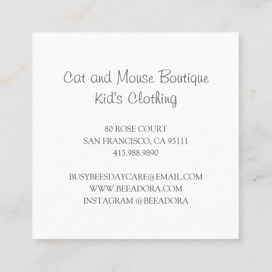 かわいいキッズベビーリテールブティックキャットマウスバルーン スクエア名刺 (裏面)