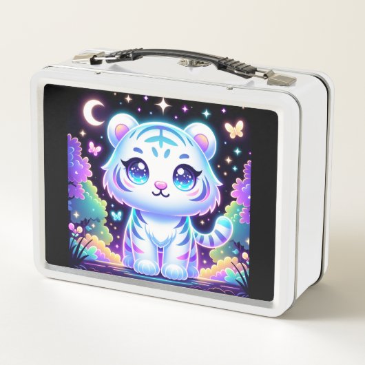 かわいいキッズホログラフィックホワイトタイガー | メタルランチボックス (裏面)