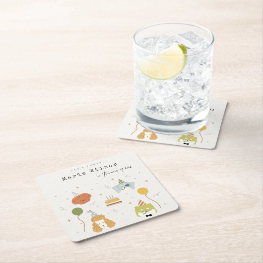 かわいいキッズポーティ子犬Any Age誕生日 スクエアペーパーコースター (インサイチュ)