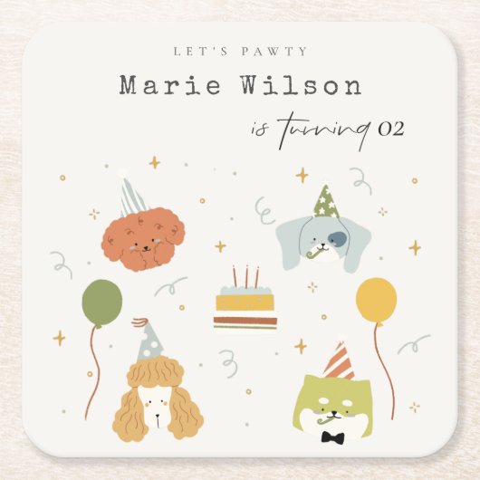 かわいいキッズポーティ子犬Any Age誕生日 スクエアペーパーコースター (正面)