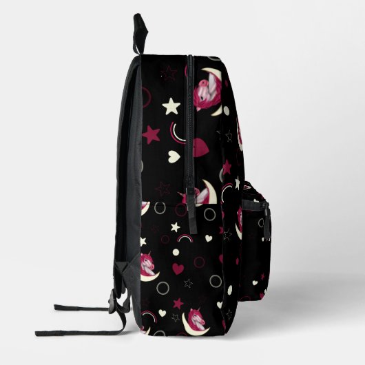 かわいいキッズマジカルブラックピンクユニコーン女の子の名前 プリントバックパック (左)