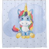 かわいいキッズユニコーンレインボーヘアベビーブルー シャワーカーテン (正面)