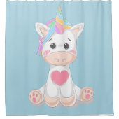 かわいいキッズユニコーンレインボーホーンブルー淡い色の シャワーカーテン (正面)