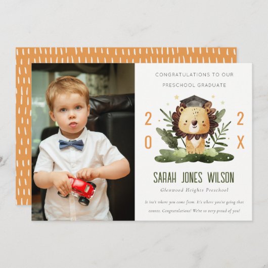 かわいいキッズライオンの葉フォトプリスクール卒業 招待状 (正面/裏面)