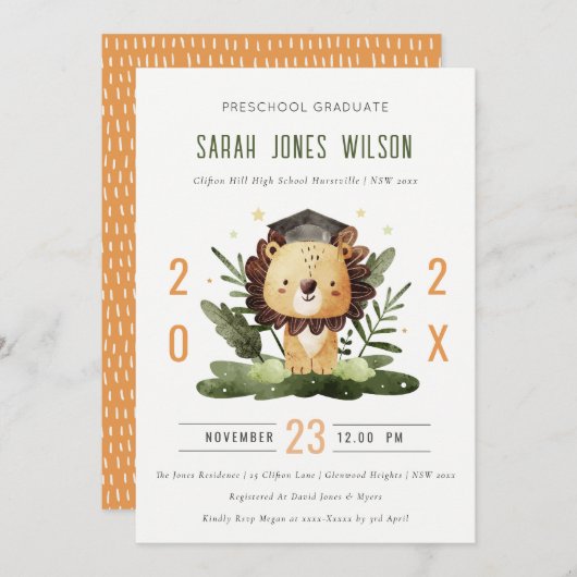 かわいいキッズライオンの葉就学前卒業パーティー 招待状 (正面/裏面)