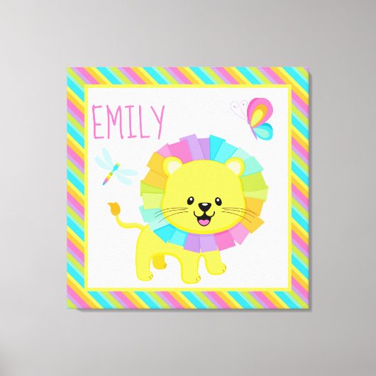 かわいいキッズレインボーライオンカラフルオンストライプパタン キャンバスプリント (正面)