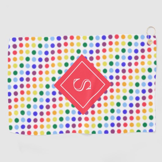 かわいいキッズレッドレインボードットモノグラム ゴルフタオル (横)