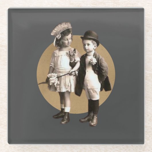 かわいいキッズヴィンテージフォト切り出し ガラスコースター (正面)