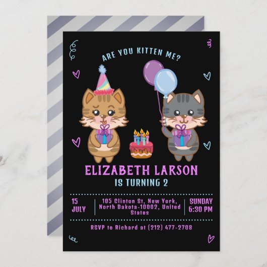 かわいいキッズ子猫ガールおもしろいキャットキッテン誕生日 招待状 (正面/裏面)