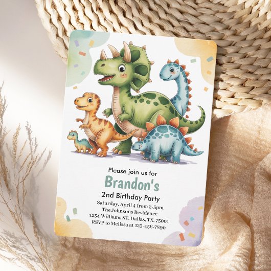 かわいいキッズ恐竜2回目の誕生日パーティー 招待状