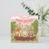 かわいいキッズ誕生日デザインとキツネ、バニー&フクロウ シーズンカード (スタンド正面)