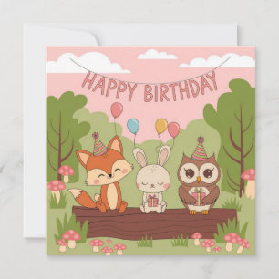 かわいいキッズ誕生日デザインとキツネ、バニー&フクロウ シーズンカード