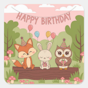 かわいいキッズ誕生日デザインとキツネ、バニー&フクロウ スクエアシール
