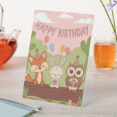 かわいいキッズ誕生日デザインとキツネ、バニー&フクロウ 台座サイン (インサイチュ)
