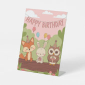 かわいいキッズ誕生日デザインとキツネ、バニー&フクロウ 台座サイン (正面)