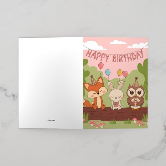 かわいいキッズ誕生日デザインとキツネ、バニー&フクロウ 箔グリーティングカード (外側レイダウン)