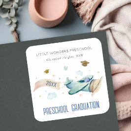 かわいいキッズ飛行機スカイスタープリスクール卒業 スクエアシール